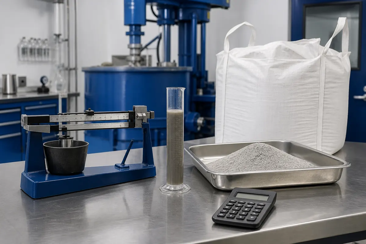 Mud balance, graduated cylinder and barite powder prepared for a drilling-fluid weight-up calculation