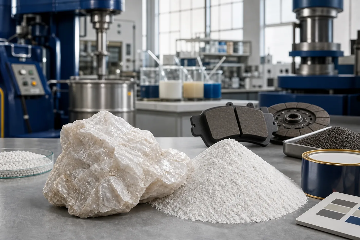 Natürliches Barytgestein und weißes Barytpulver mit Anwendungen in Bohrtechnik, Lack, Kunststoff und Reibwerkstoffen