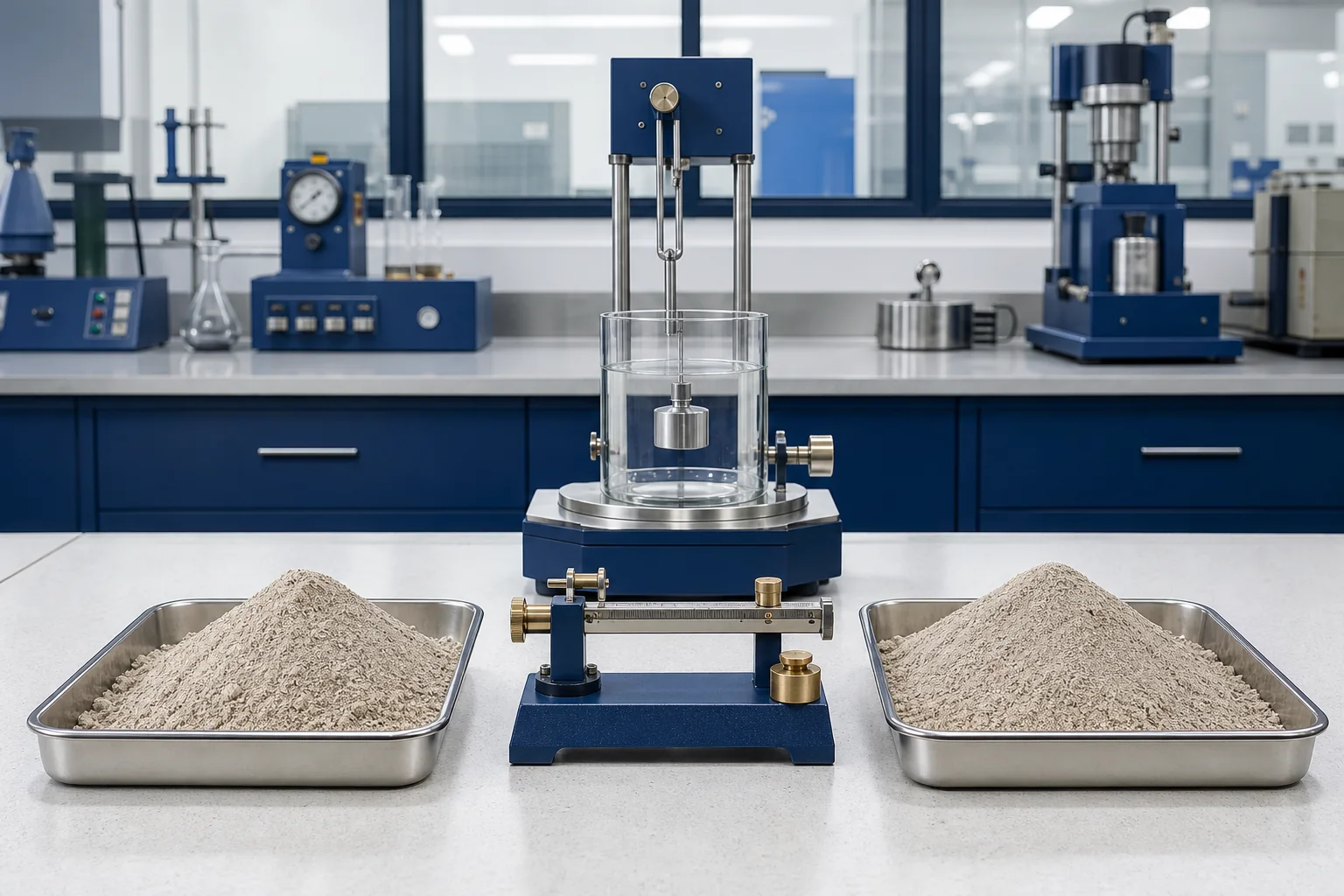 Two drilling-grade barite powder samples being compared with density-testing equipment in a laboratory