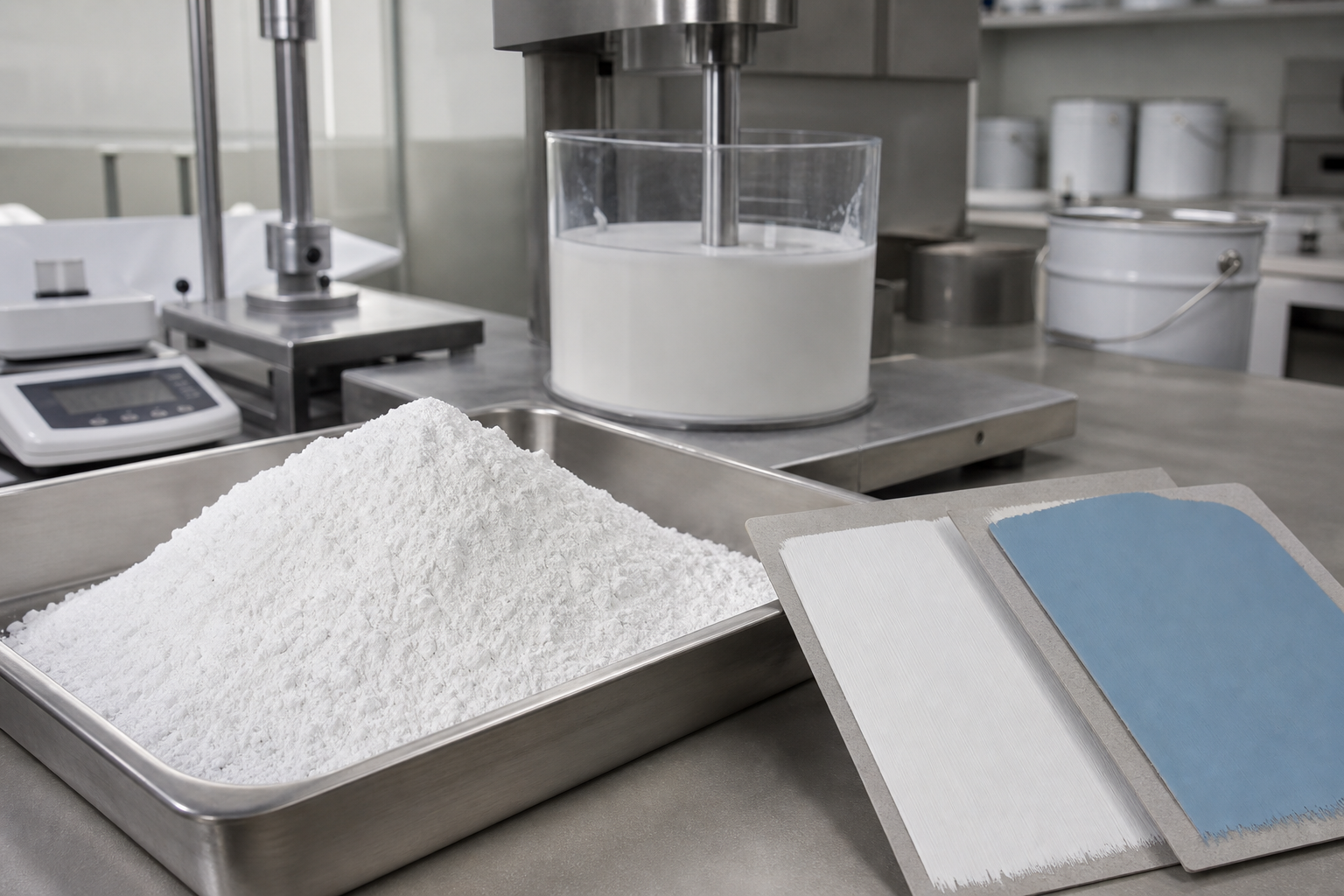 Fine white industrial barite powder with paint drawdown cards in a coatings laboratory